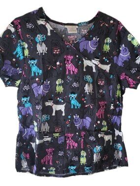 ScrubStar Dark Gray Multi-Color Cute Dogs Short Sleeve Scrub Top